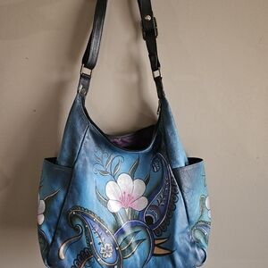 Anuschka Blue Floral Leather Shoulder Bag
